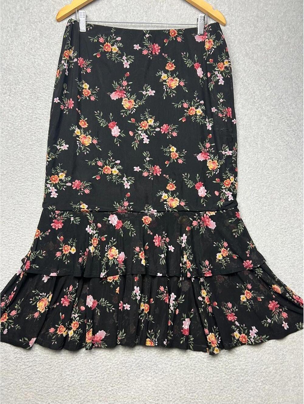 Luna Sheer Floral Ruffle Flare Midi Skirt L Boho Cottagecore Y2K Romantic